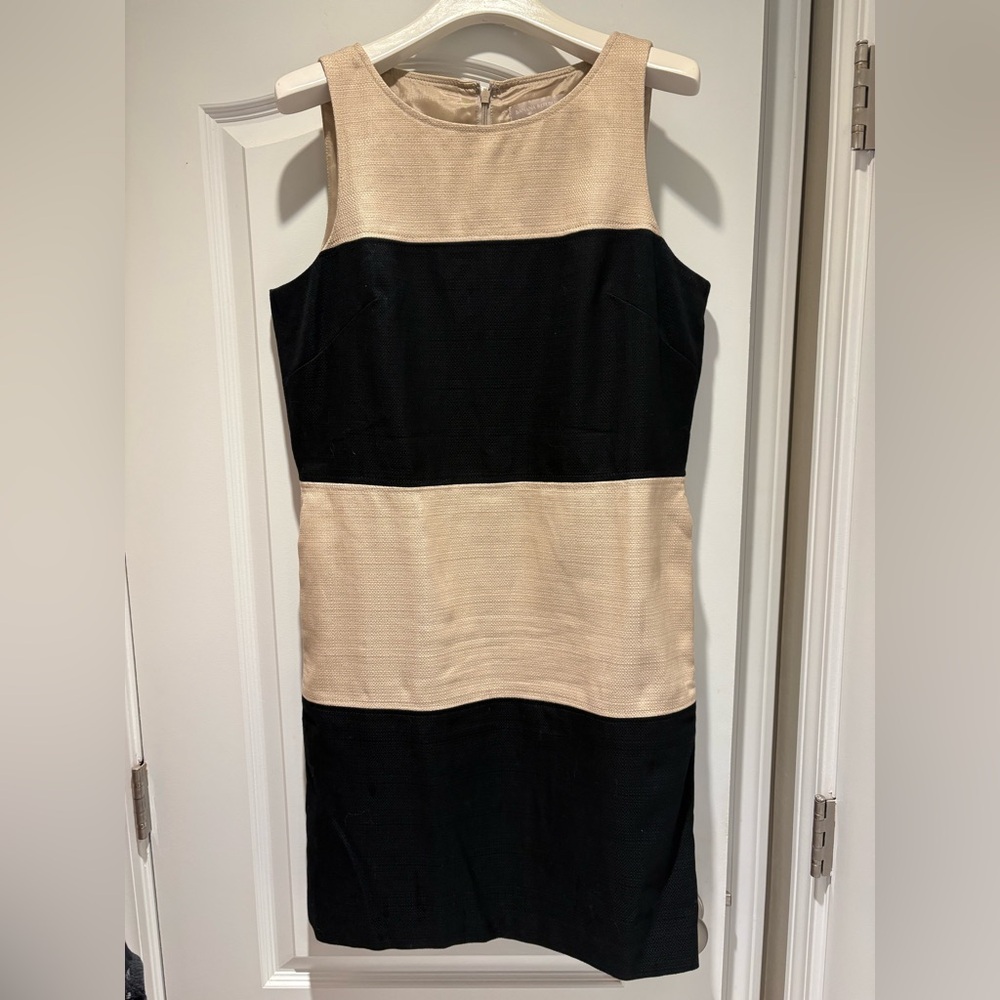 Banana Republic Lined Linen Black and Tan Colorblock Midi Sheath Dress